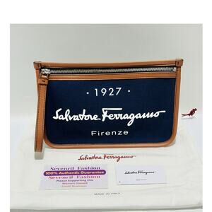 NWT Salvatore Ferragamo Men Navy Canvas Leather Trim Logo Clutch Pouch Bag